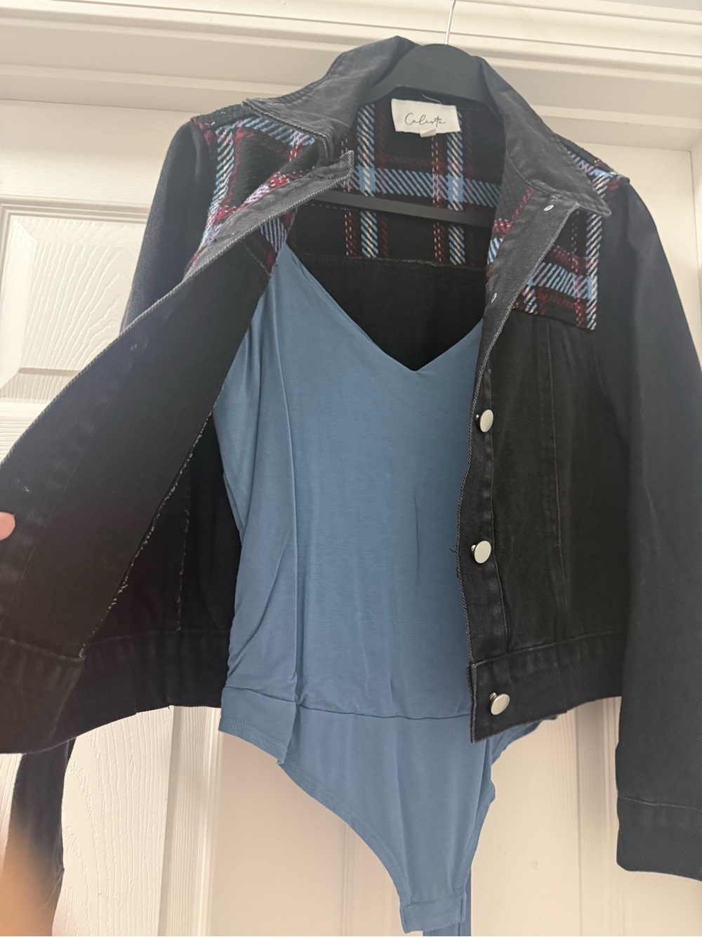 Final Touch Black Denim Bodysuit Jacket with Blue and Pink Plaid